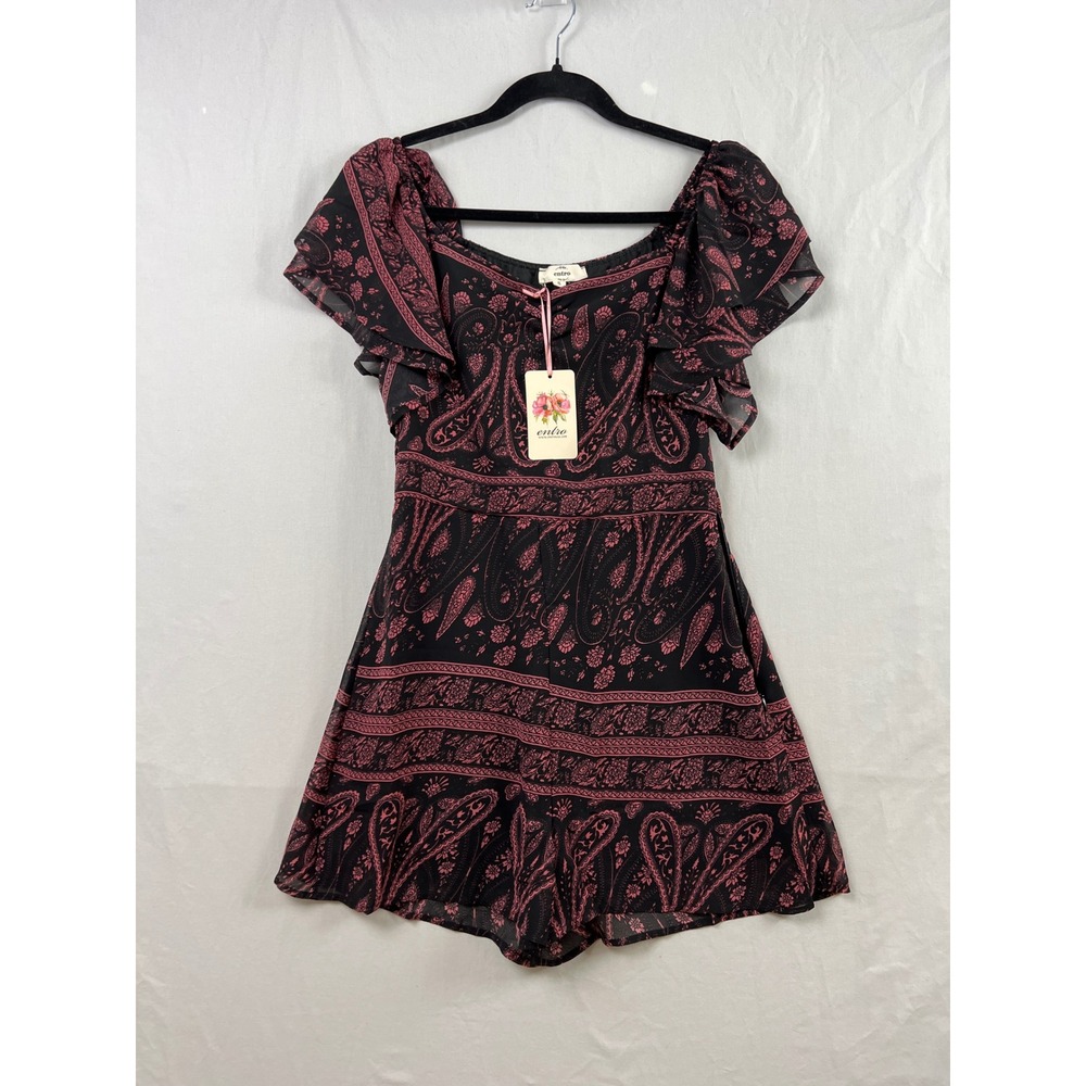 Entro Romper Women Small Chiffon Black Pink Paisley Flutter Sleeve Goth Boho